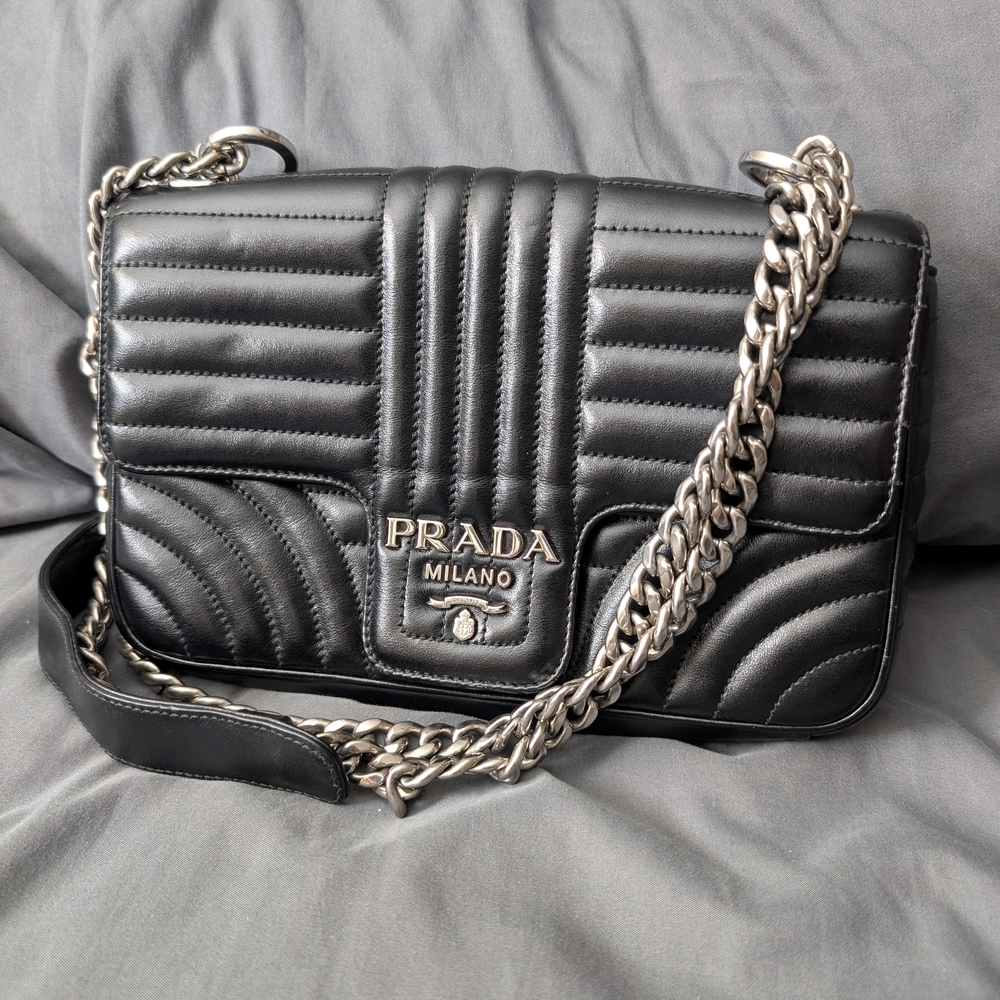 Prada Diagramme Top Flap Black Quilted Leather Chain Bag
